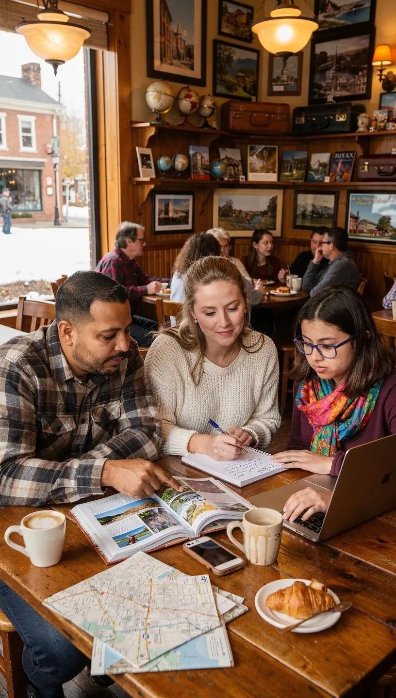 Grupa rodzinna siedząca przy stole w restauracji z dostępem dla wózków.